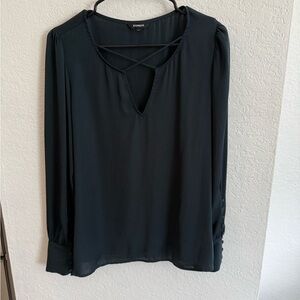 Express Dark Green Blouse with V-Neck and Crisscross Design